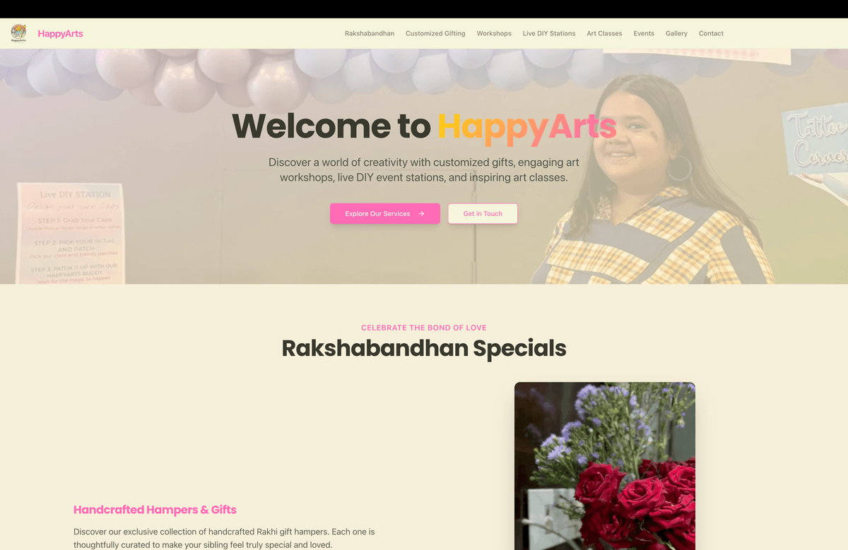 Screenshot of the Happy Arts website, showing a colorful and artistic design.